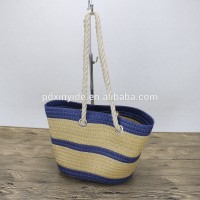 custom design women straw hand bag stripe beach bag with cotton handles